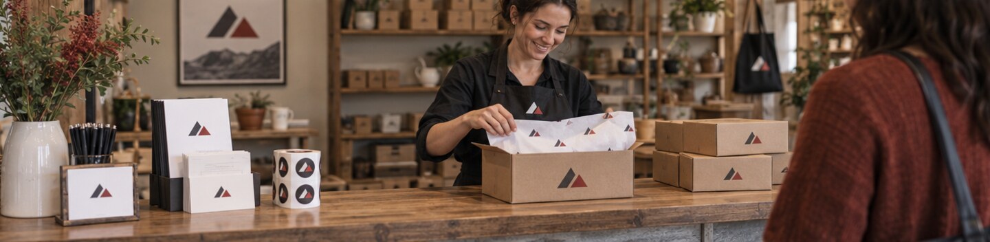 Small-business owner packing an order with coordinated apparel, cards, labels and packaging
