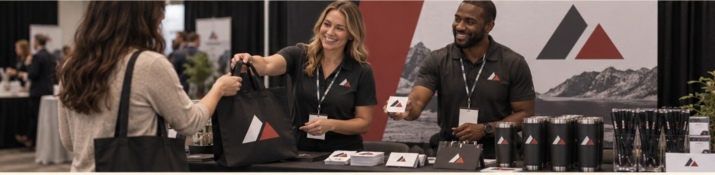 Business representatives distributing coordinated promotional products at a trade event