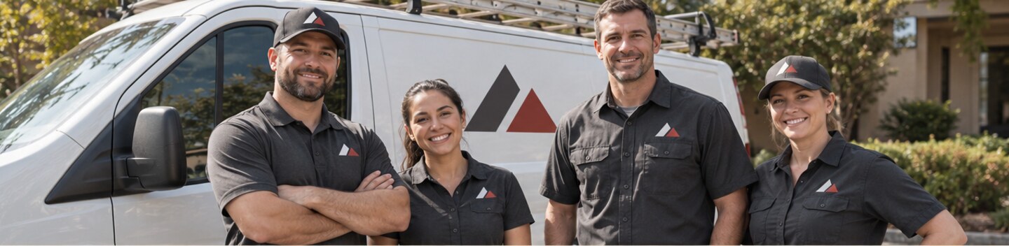 Local service crew wearing coordinated employee uniforms beside a work van