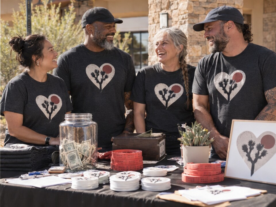 Volunteer club members in matching shirts working at a fundraiser table