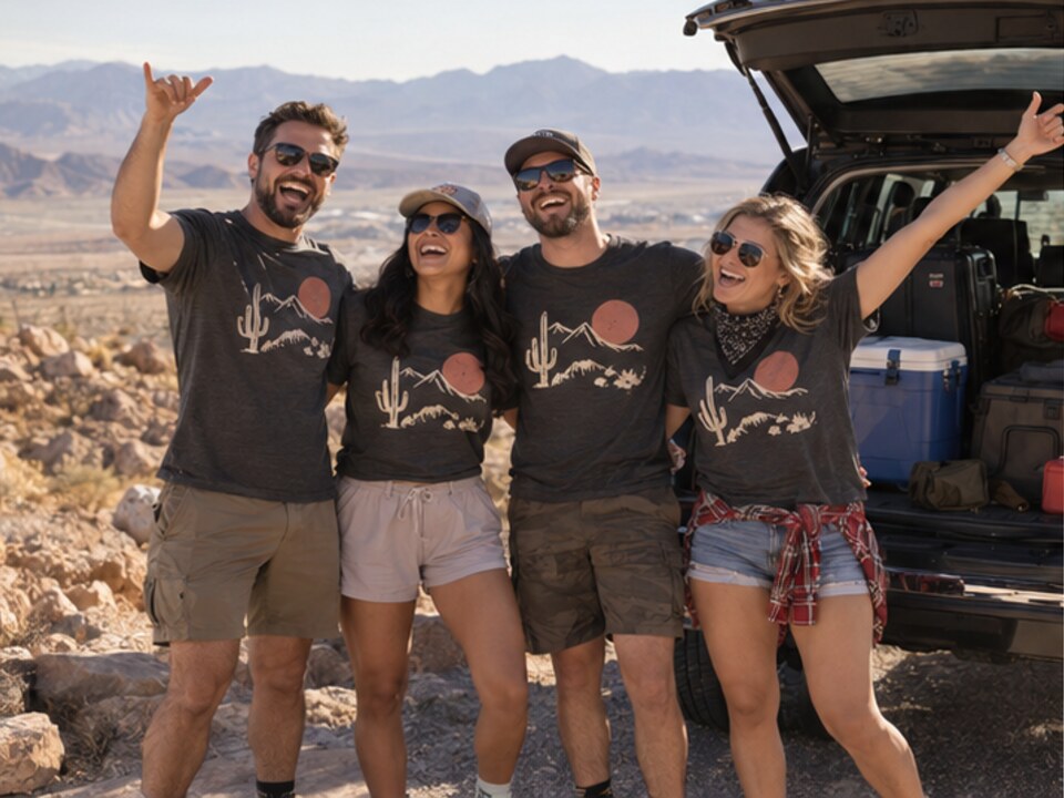 Friends wearing matching shirts beside their packed SUV on a group trip