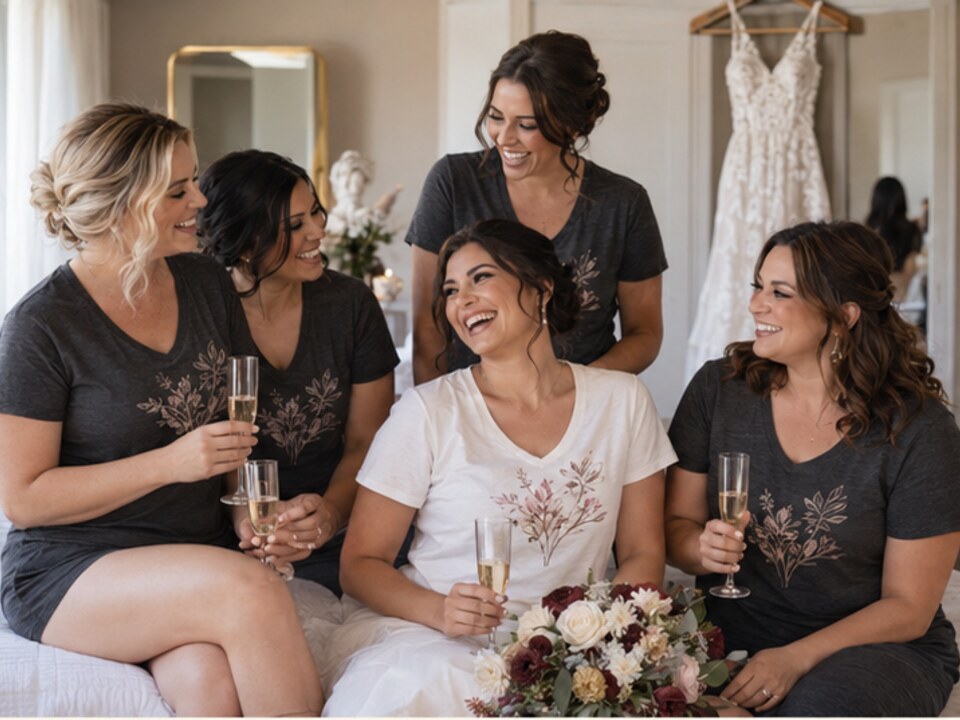 Bride and bridesmaids wearing coordinated wedding weekend shirts